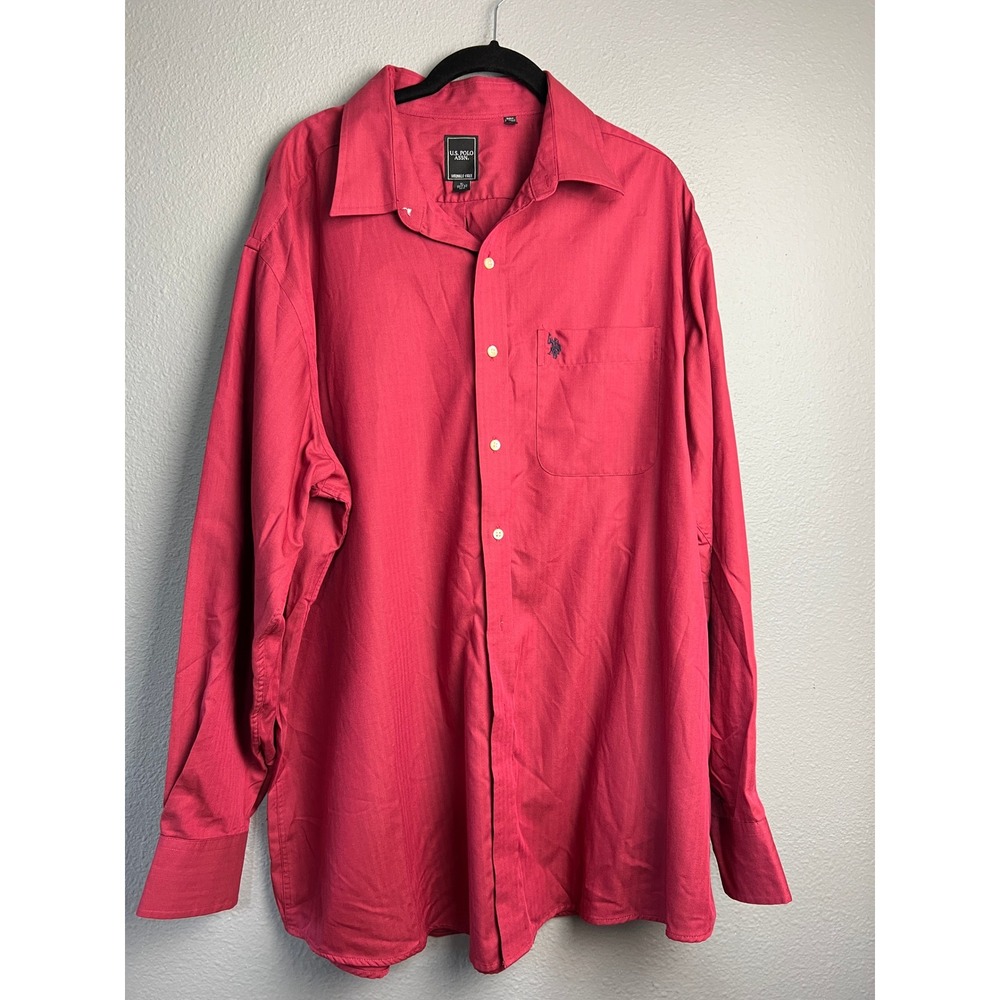 US Polo Assn Mens XL Red Herringbone Wrinkle‎ Free Long Sleeve Button Down Shirt